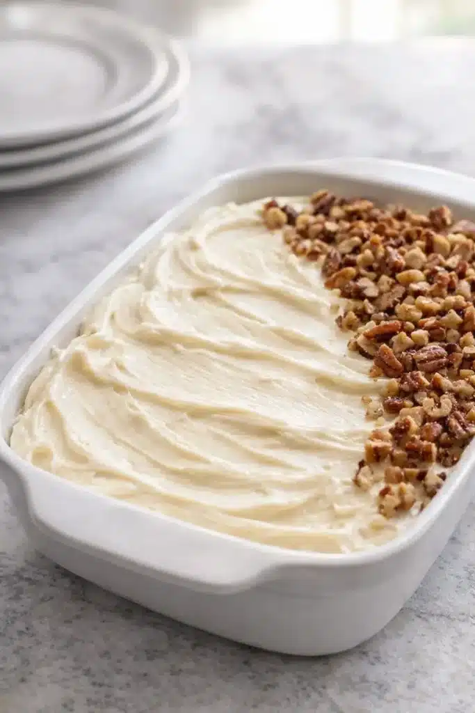 Carrot cake with cream cheese frosting and chopped pecans in ceramic baking dish