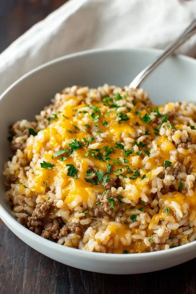 Cheesy Ground Beef and Rice Casserole – A Creamy, Cheesy Comfort Dinner 1 Cheesy ground beef and rice casserole in a bowl with melted cheddar and parsley garnish