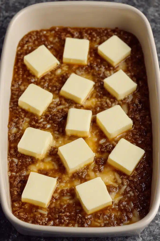 Cheesy Ground Beef and Rice Casserole – A Creamy, Cheesy Comfort Dinner 2 Unbaked Cheesy Ground Beef and Rice Casserole with butter cubes before baking