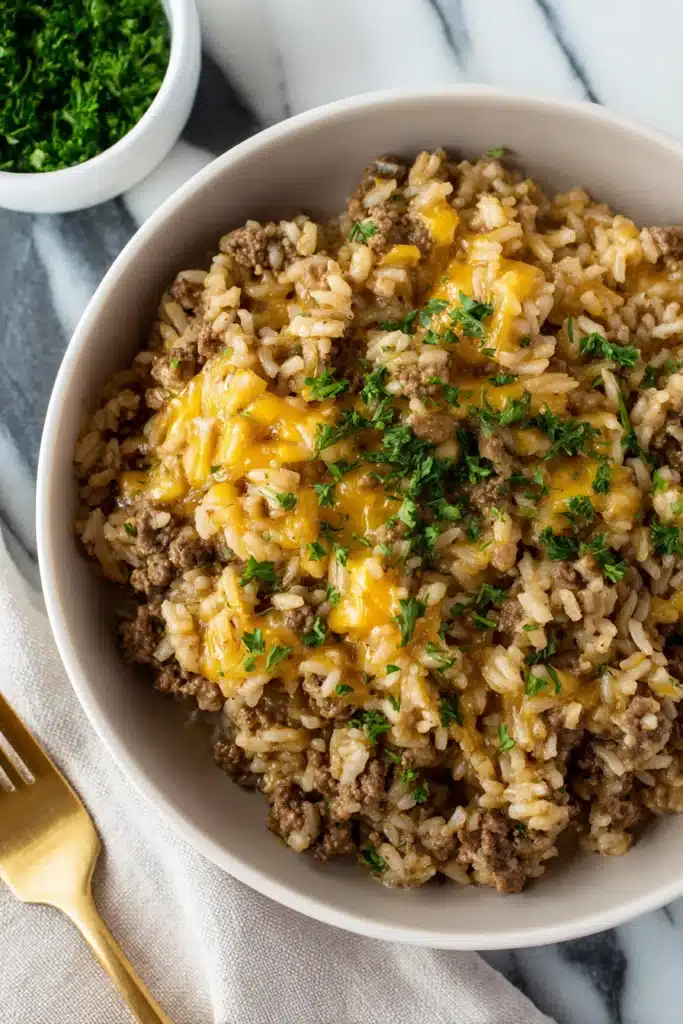Cheesy Ground Beef and Rice Casserole – A Creamy, Cheesy Comfort Dinner 3 Cheesy Ground Beef and Rice Casserole in white bowl with melted cheddar and parsley