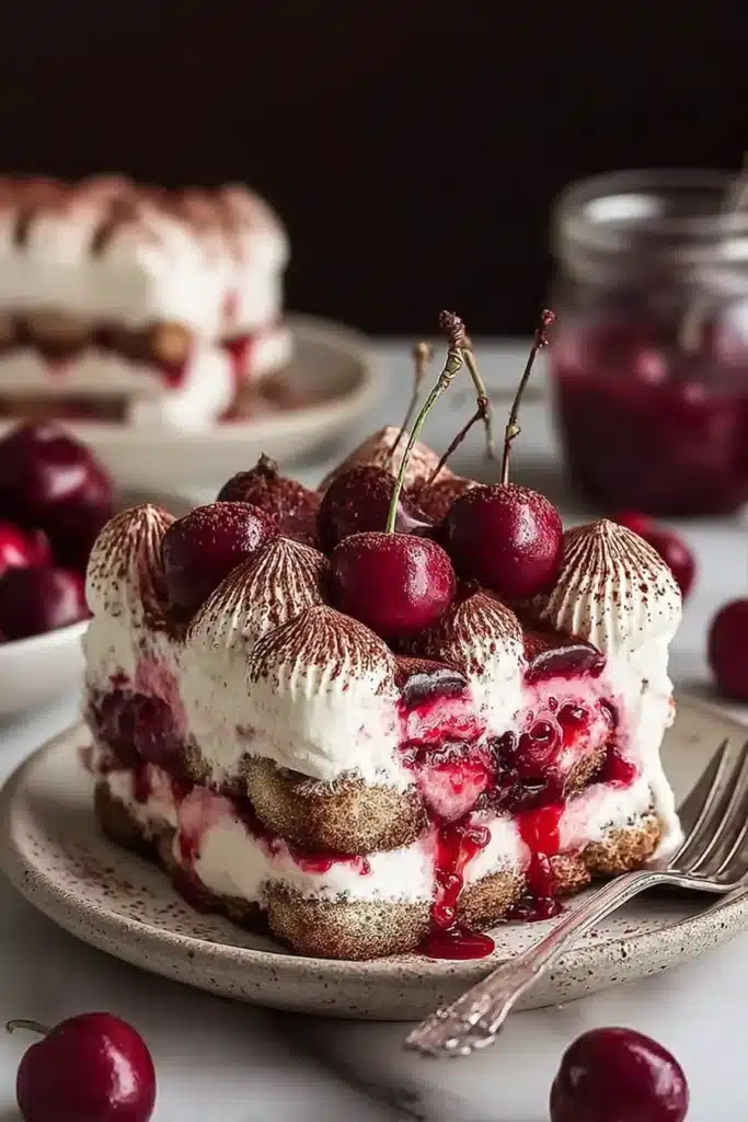 Cherry Amaretto Tiramisu 1 Cherry Amaretto tiramisu slice with mascarpone cream layers and fresh cherries on top