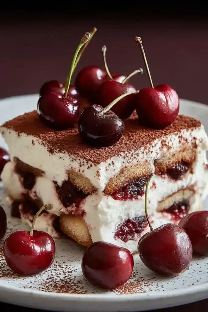 Cherry Amaretto Tiramisu 3 Cherry Amaretto tiramisu slice with mascarpone cream layers and fresh cherries