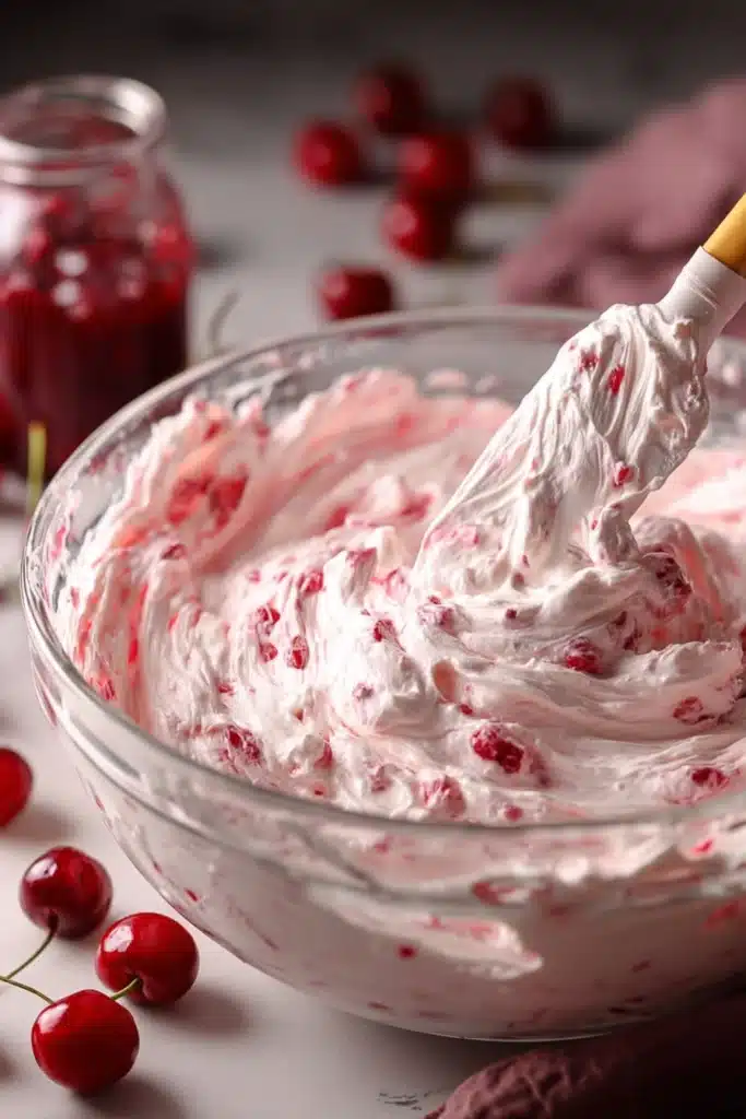 Cherry Amaretto Tiramisu 2 Cherry Amaretto tiramisu mascarpone cream with cherries being mixed in a bowl