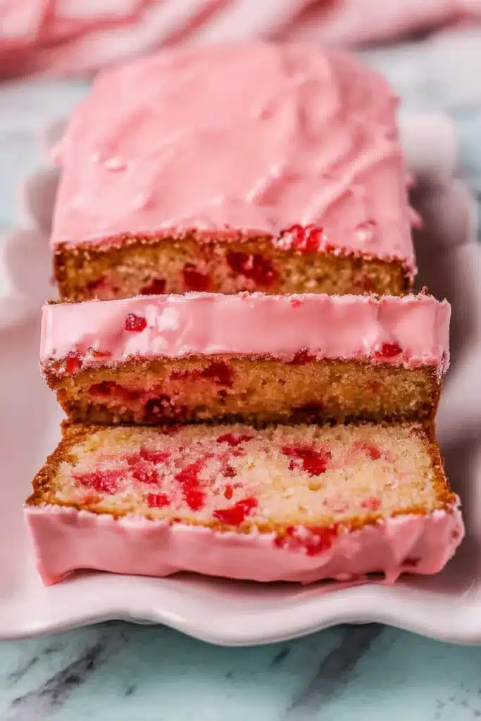 Cherry Bread Recipe That’s Sweet, Moist, and Easy 2 Sliced Cherry Bread with pink glaze and cherry pieces inside