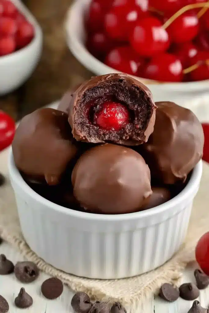 Cherry Brownie Bombs 1 Cherry Brownie Bombs with chocolate coating and cherry center in ramekin
