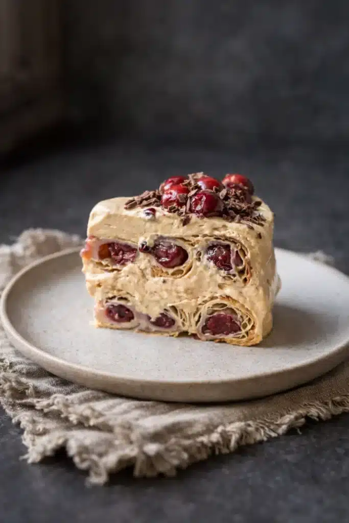 Cherry Cake Recipe That Is Rich, Creamy, and Irresistible 1 Cherry cake slice with puff pastry layers and dulce de leche cream frosting
