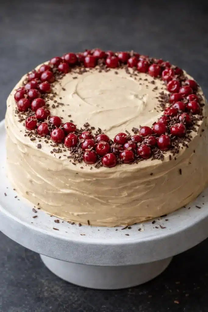 Cherry Cake Recipe That Is Rich, Creamy, and Irresistible 4 Cherry Cake with dulce de leche frosting and cherry topping