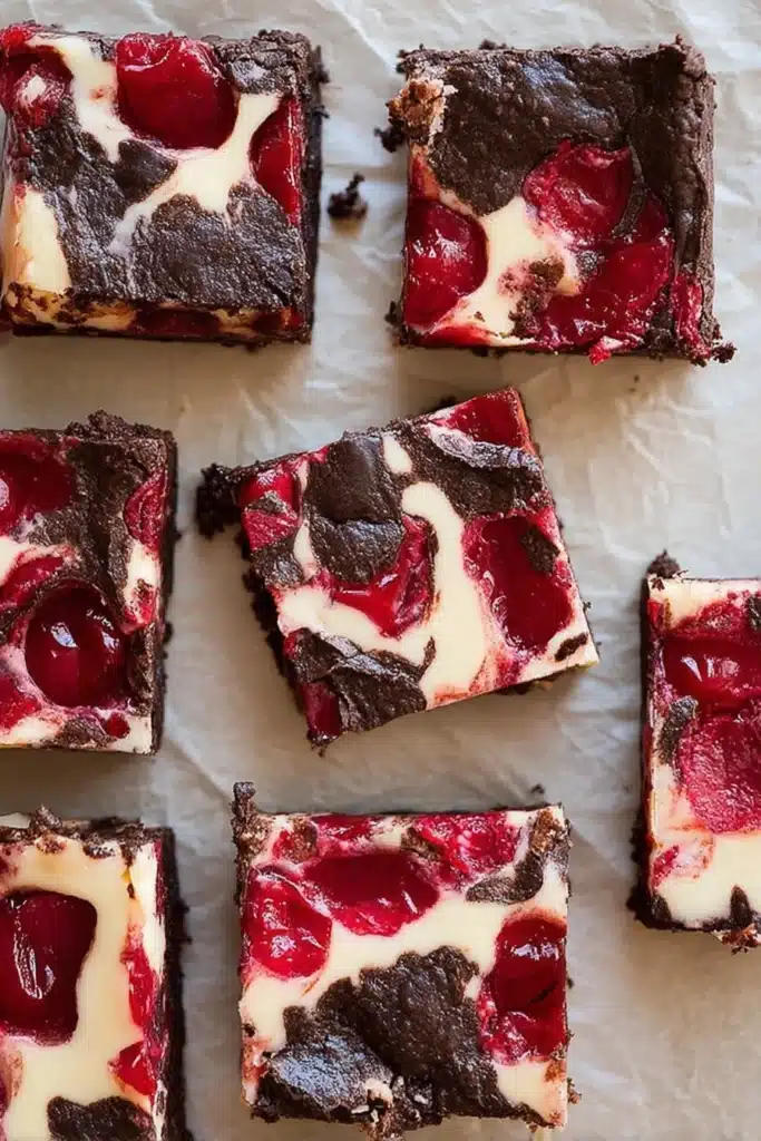 Cherry Cheesecake Brownies Recipe That’s Rich and Irresistible 1 Cherry Cheesecake Brownies cut into squares with glossy cherry topping
