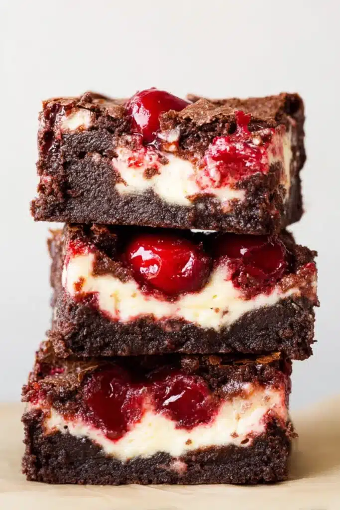 Cherry Cheesecake Brownies Recipe That’s Rich and Irresistible 2 Stacked Cherry Cheesecake Brownies showing fudgy layers and cherry topping