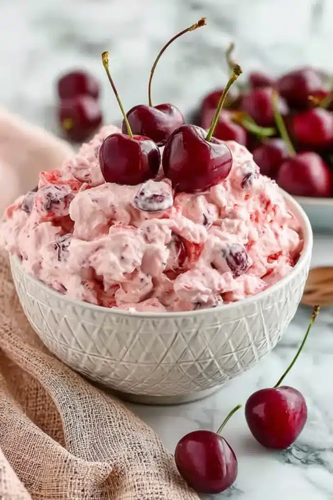Cherry Cheesecake Fluff That’s Creamy, Easy, and Crowd Pleasing 3 Cherry Cheesecake Fluff in white bowl topped with fresh red cherries