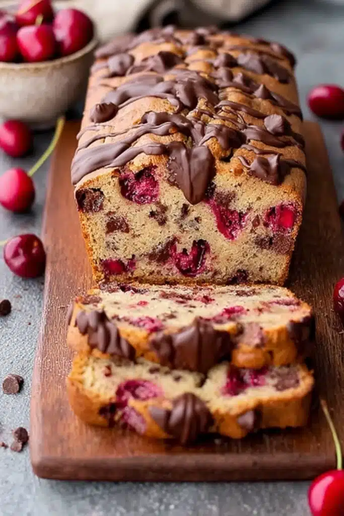 Cherry Chocolate Delight Bread 2 Cherry chocolate loaf bread with whole cherries and chocolate drizzle on wooden board