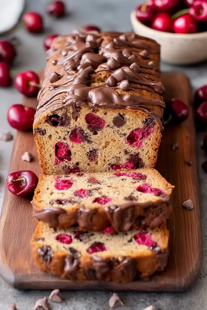 Cherry Chocolate Delight Bread 1 Cherry chocolate loaf bread with whole cherries and chocolate drizzle on wooden board