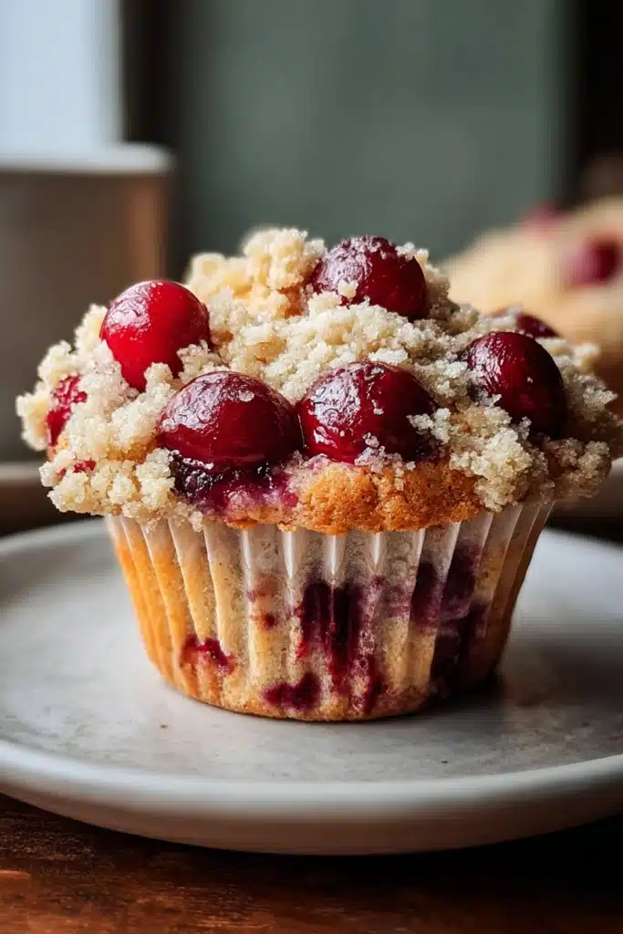 Cherry Cobbler Muffins with glossy cherries and golden streusel topping on ceramic plate