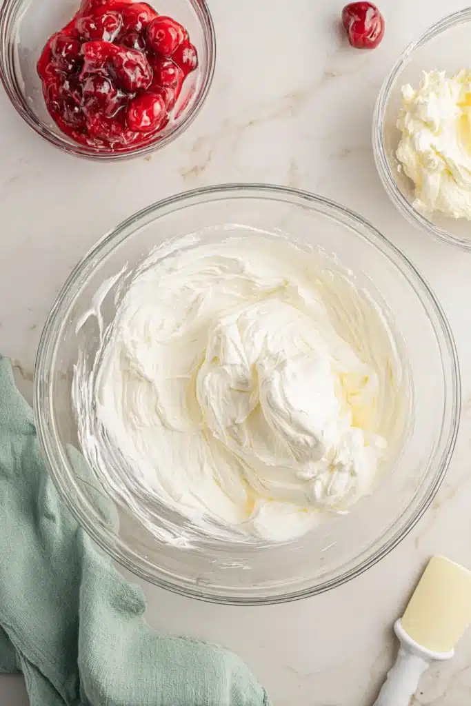 Cherry Delight Easy Creamy No Bake Dessert 2 Cherry Delight cream cheese filling being mixed in a bowl with cherry pie topping nearby