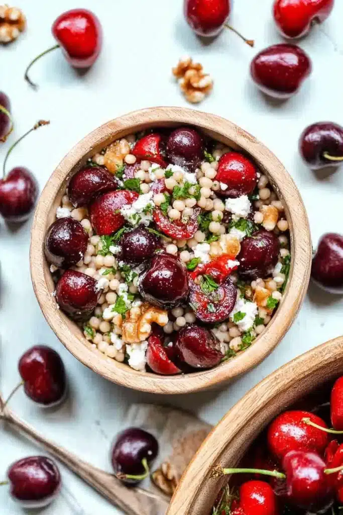 Cherry Walnut Couscous Salad 1 Cherry walnut couscous salad with feta and walnuts in ceramic bowl