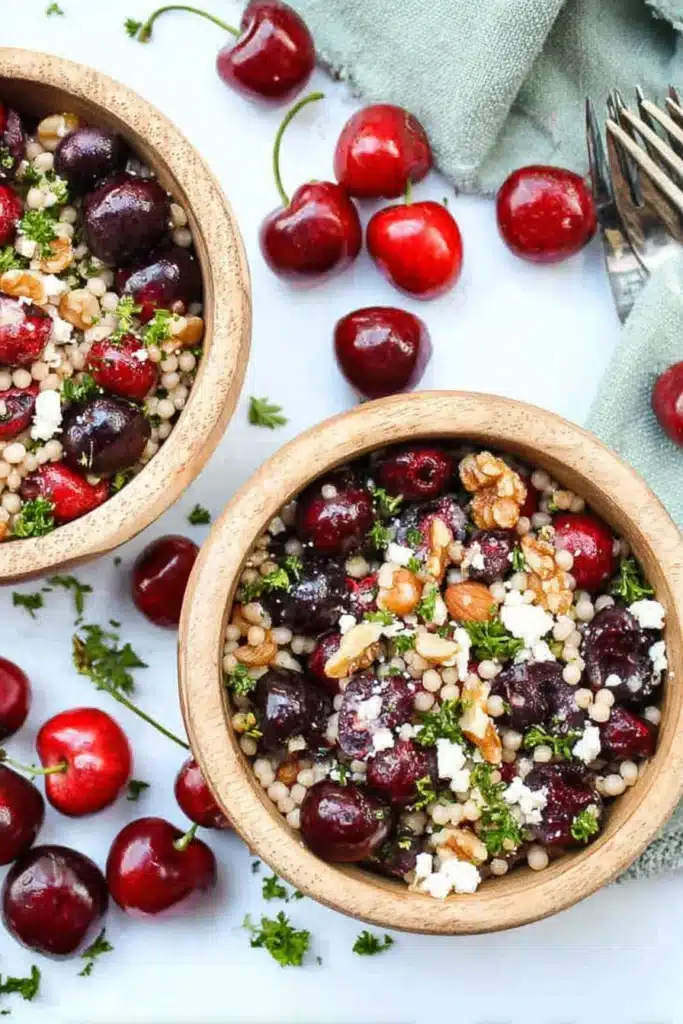 Cherry Walnut Couscous Salad 3 Cherry Walnut Couscous Salad with feta and walnuts in wooden bowls