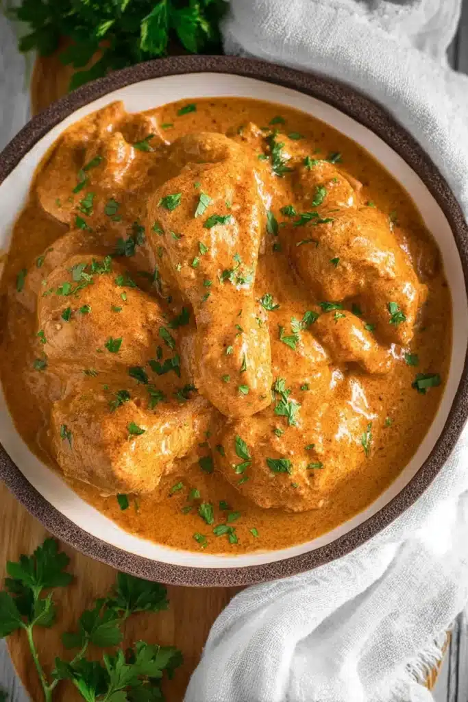 Creamy Chicken Paprikash with tender chicken in rich paprika sauce garnished with parsley