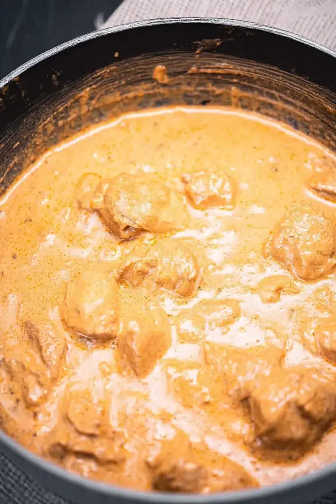 Chicken Paprikash creamy sauce with tender chicken after adding sour cream