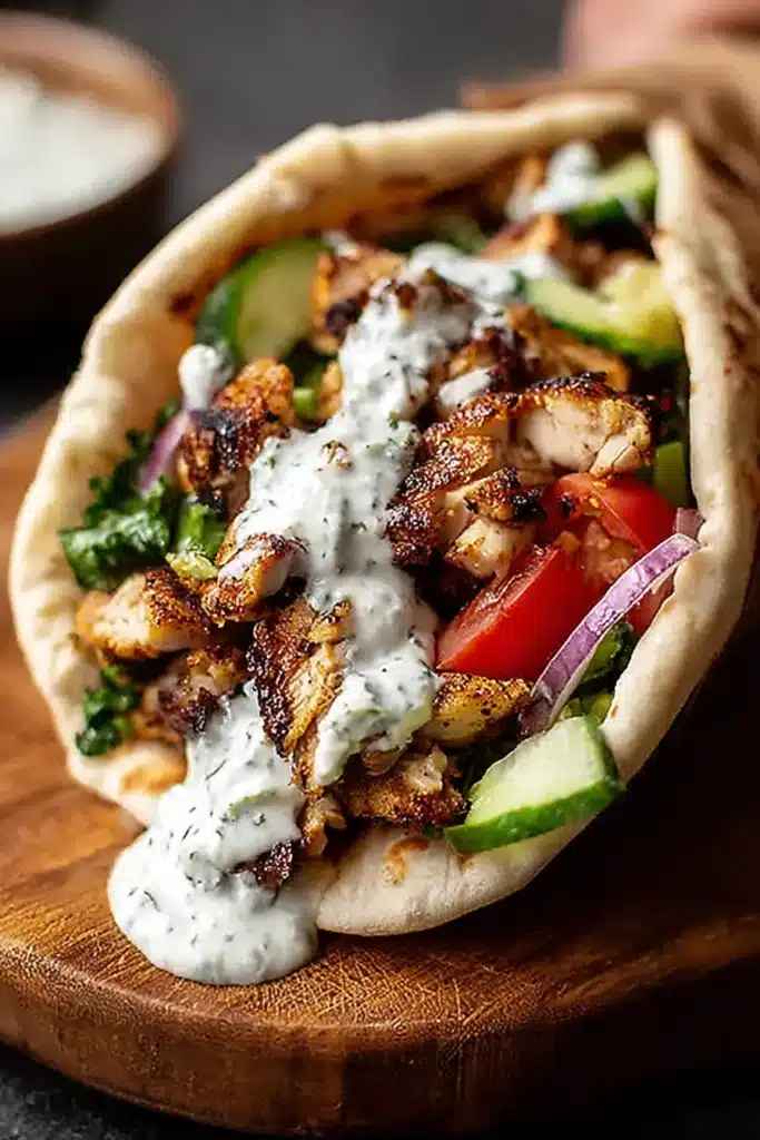 Chicken Shawarma with Garlic Sauce 1 Chicken Shawarma with Garlic Sauce in soft pita wrap with fresh vegetables