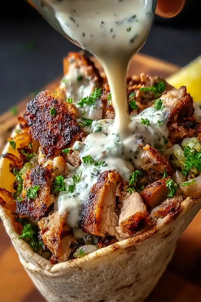 Chicken Shawarma with Garlic Sauce 2 Chicken shawarma with garlic sauce poured over crispy grilled chicken in flatbread