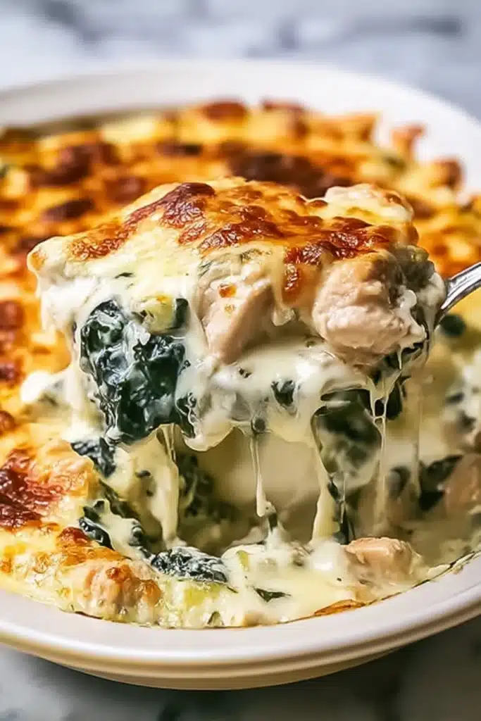 Creamy chicken and spinach casserole with melted mozzarella and wilted spinach