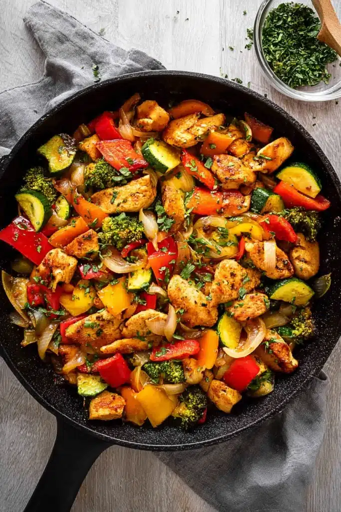 Chicken and Vegetables Skillet 1 Chicken and vegetables skillet with broccoli, bell peppers, and zucchini in cast iron pan