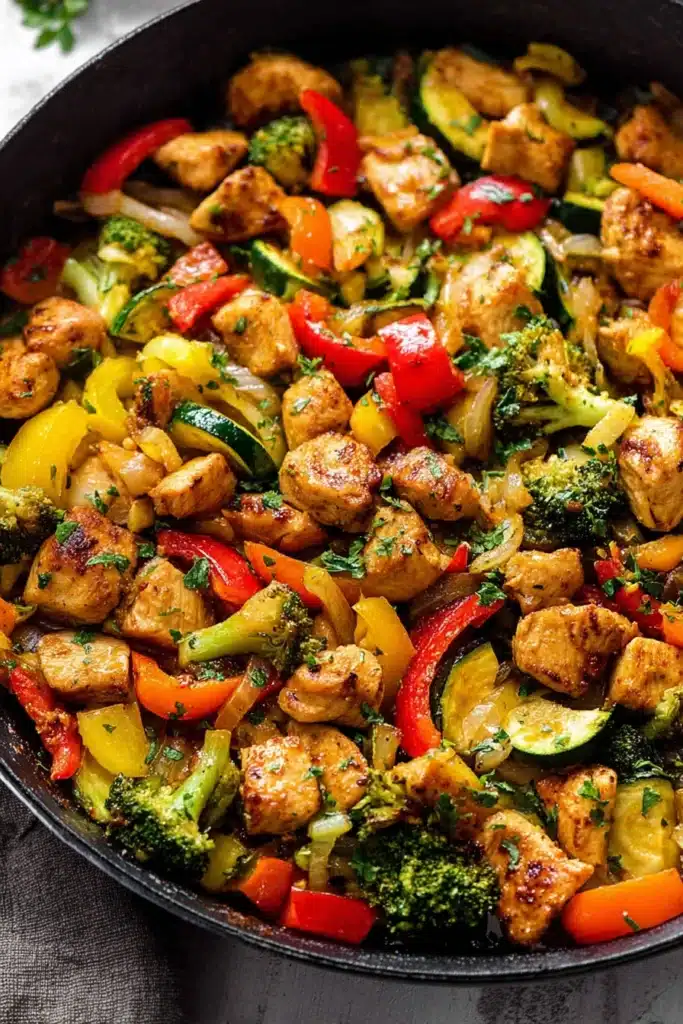 Chicken and Vegetables Skillet 2 Chicken and Vegetables Skillet with broccoli and bell peppers close up