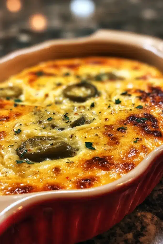 Chile Rellenos Casserole 2 Chile rellenos casserole with golden melted cheese and green chiles in a ceramic baking dish