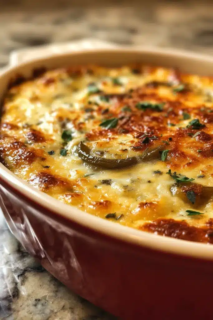 Chile Rellenos Casserole 1 Chile rellenos casserole with golden melted cheese and green chiles in a ceramic baking dish
