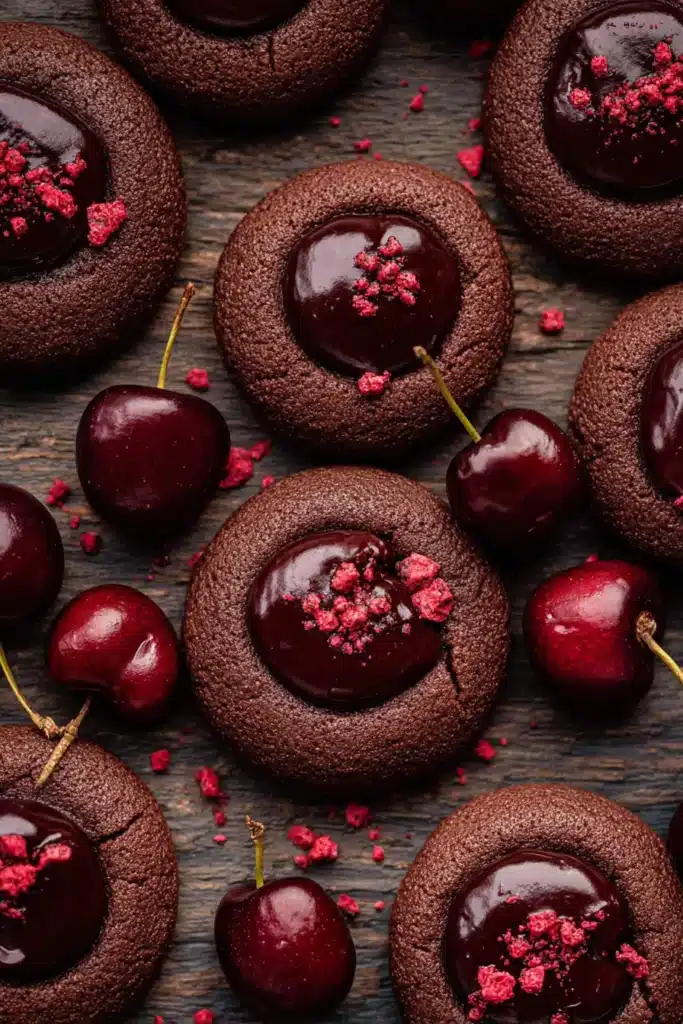Chocolate Cherry Cookies That Are Rich and Irresistible 1 Chocolate cherry thumbprint cookies with glossy ganache and fresh cherries