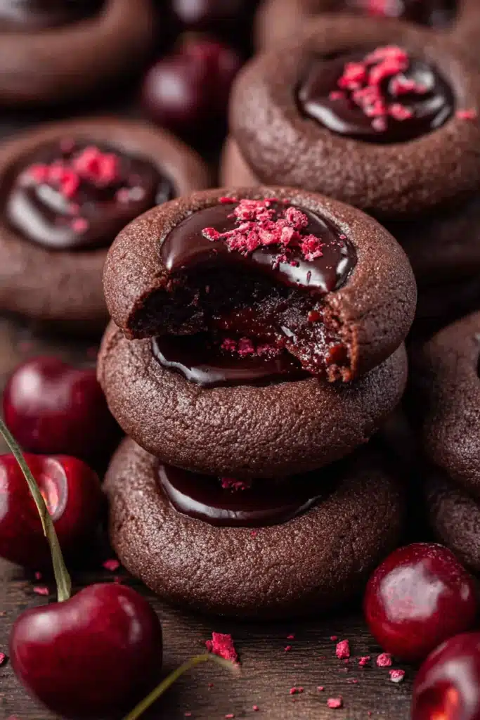 Chocolate Cherry Cookies That Are Rich and Irresistible 3 Chocolate Cherry Cookies stacked with glossy ganache and fresh cherries