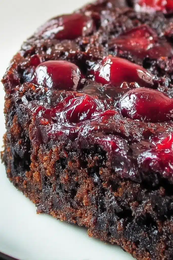 Chocolate Cherry Upside Down Cake 3 Chocolate Cherry Upside Down Cake close up showing moist chocolate crumb and glossy cherries