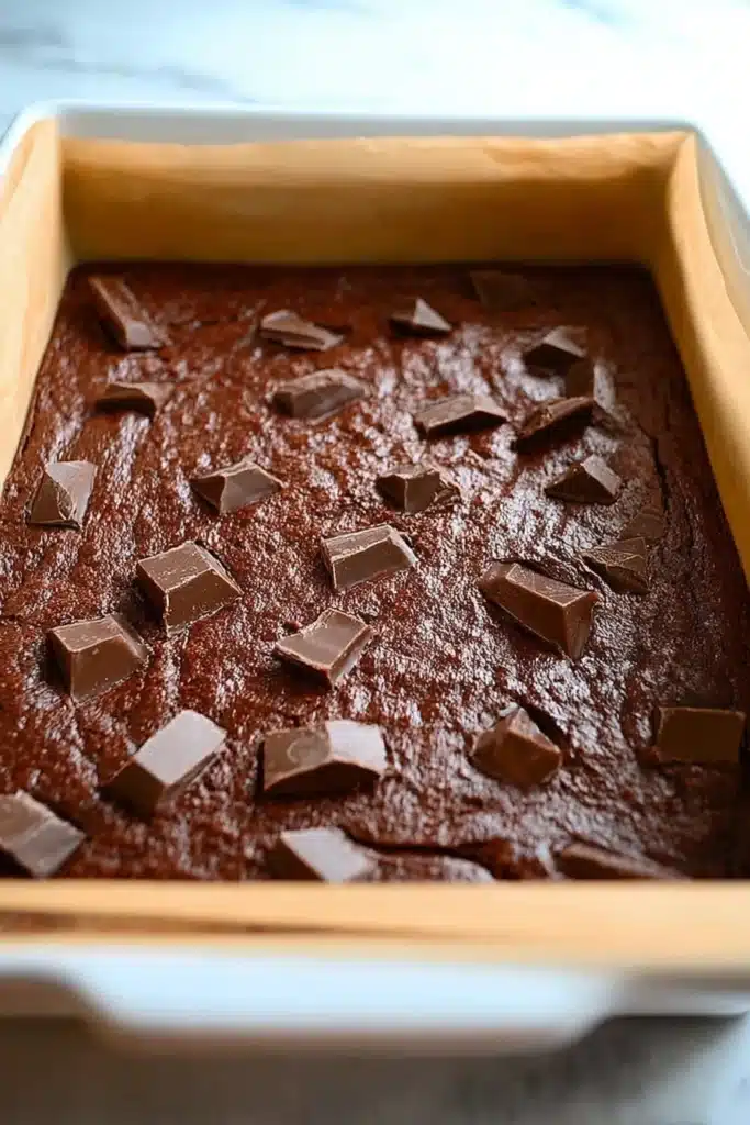 Chocolate-Covered Strawberry Brownies 2 Chocolate-Covered Strawberry Brownies base baking in pan with chocolate chunks