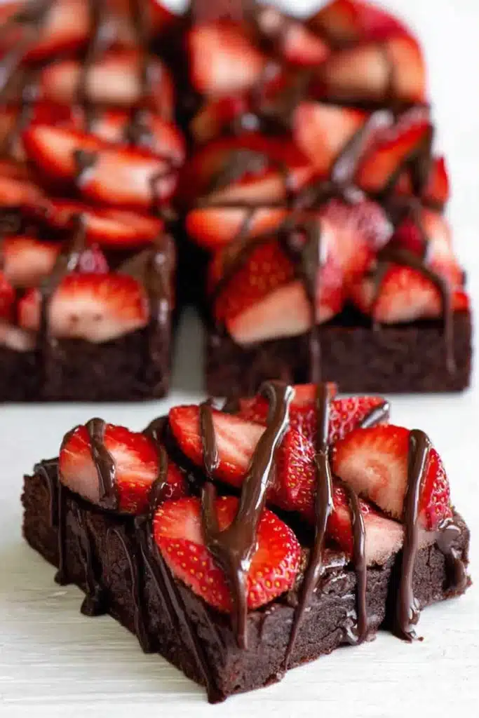 Chocolate-Covered Strawberry Brownies 3 Chocolate-Covered Strawberry Brownies sliced with fresh strawberries and chocolate drizzle