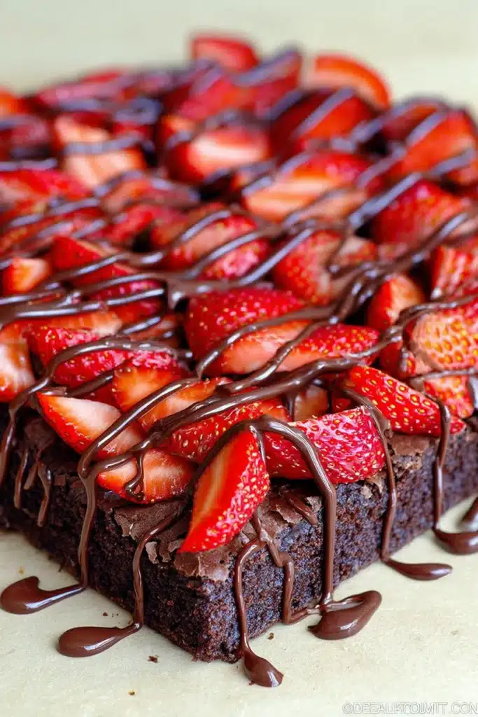 Chocolate-Covered Strawberry Brownies 1 Chocolate strawberry brownies topped with fresh strawberries and chocolate drizzle