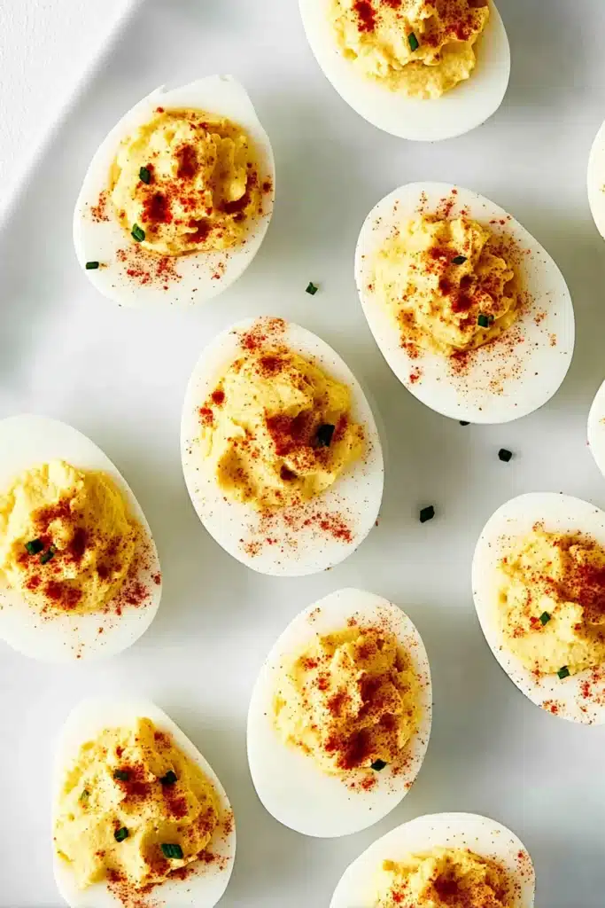 Classic Deviled Eggs Recipe That Everyone Loves 2 Classic deviled eggs with paprika on marble background