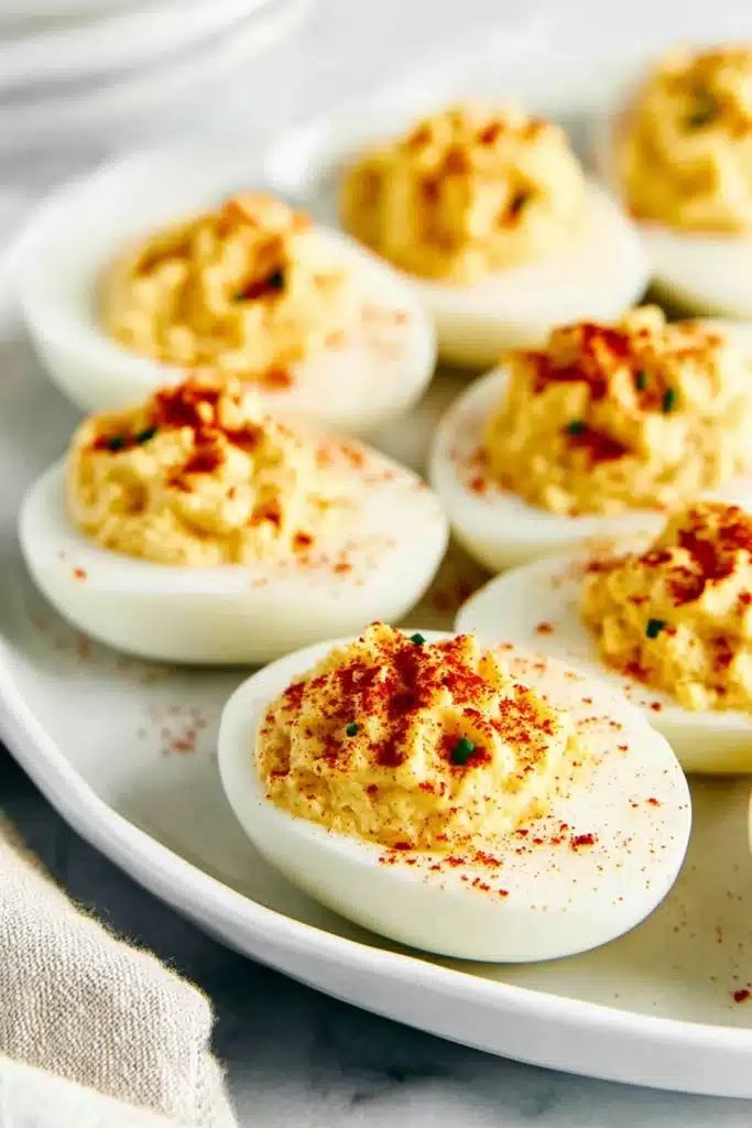 Classic Deviled Eggs Recipe That Everyone Loves 1 Classic deviled eggs with paprika on marble background