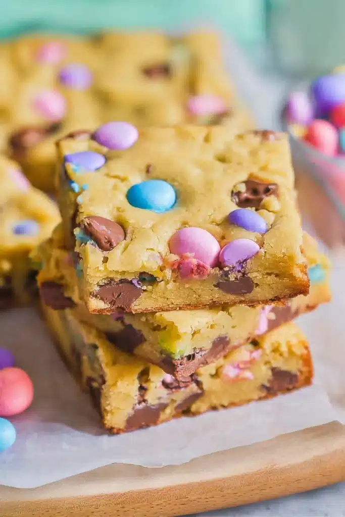 Easter Cake Mix Cookie Bars 1 Easter cake mix cookie bars with pastel M&M candies and chocolate chips