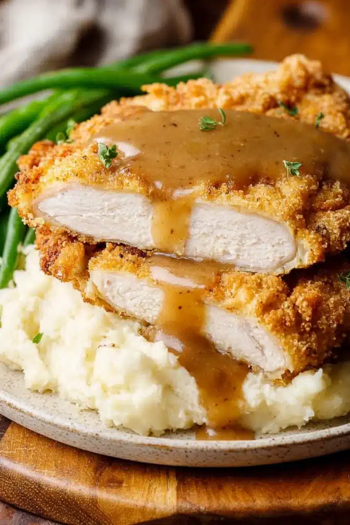 Country Fried Chicken Recipe That’s Crispy and Irresistible 2 Country fried chicken sliced over mashed potatoes with gravy
