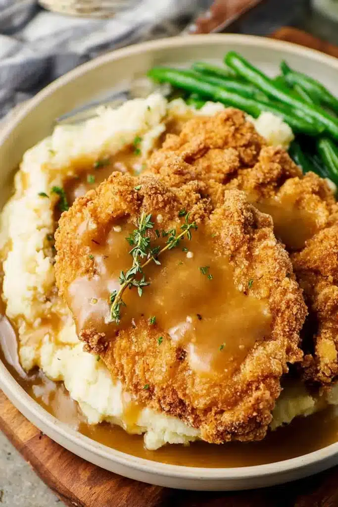 Country Fried Chicken Recipe That’s Crispy and Irresistible 1 Country fried chicken with mashed potatoes and brown gravy on white plate