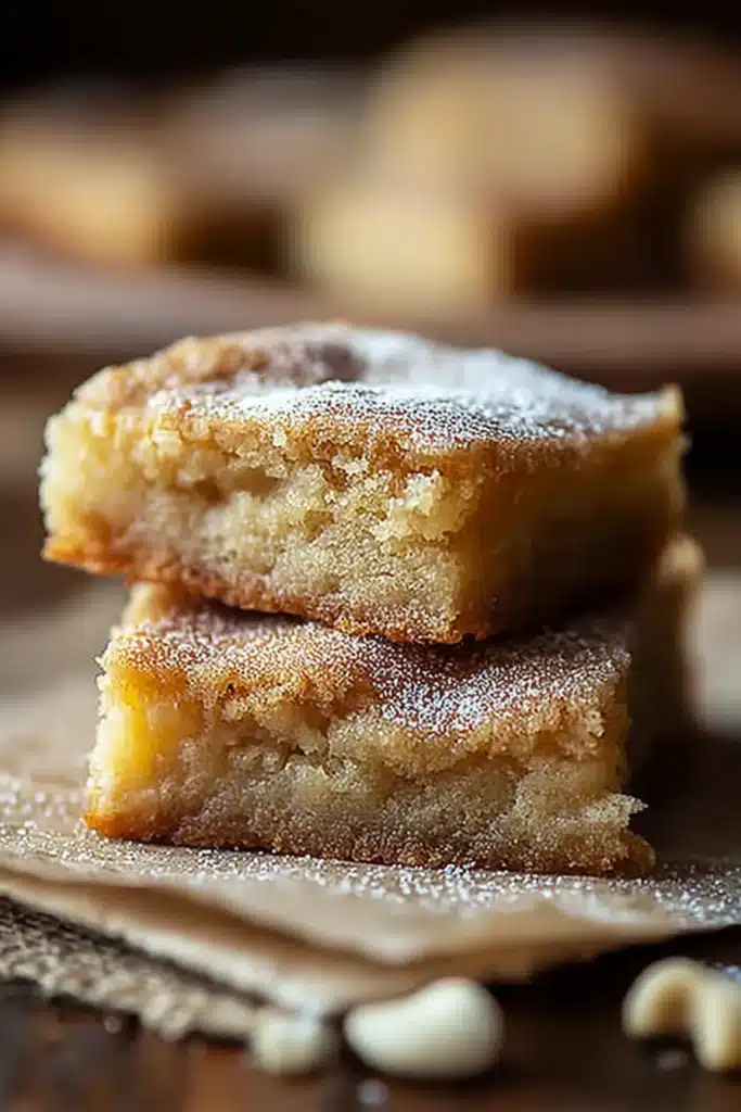 Cozy honey cinnamon blondies with powdered sugar, soft chewy texture and golden edges