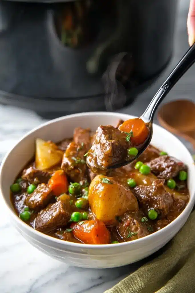 Crockpot Beef Stew Recipe: Easy, Hearty, and Comforting 1 Crockpot beef stew with tender beef, carrots, potatoes, and peas in rich gravy
