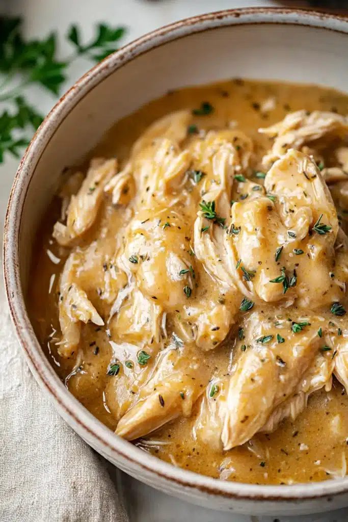 Crockpot Chicken and Gravy Easy Comfort Meal Recipe 1 Crockpot chicken and gravy in creamy sauce with tender shredded chicken