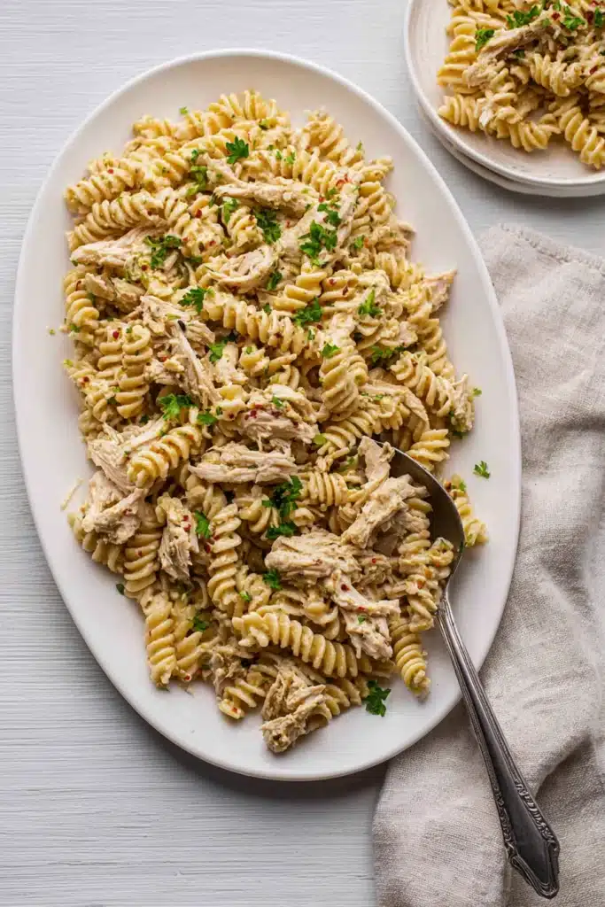 Crockpot garlic parmesan chicken pasta served on platter with rotini and parsley