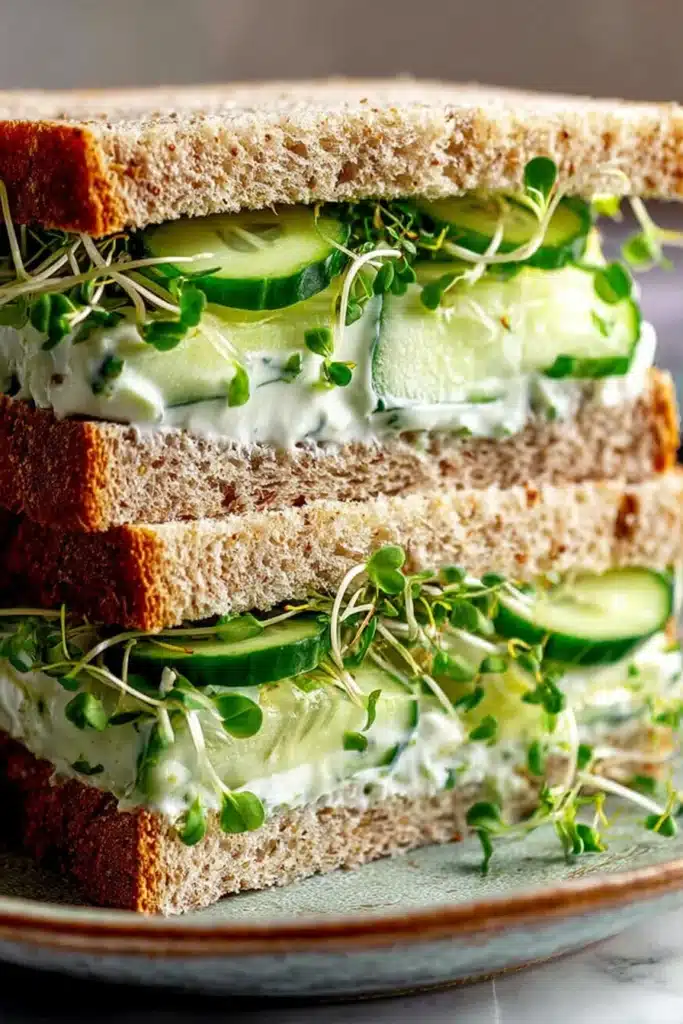 Cucumber Salad Sandwiches Easy Fresh Breakfast Recipe 1 Cucumber salad sandwiches with creamy herb spread on whole grain bread