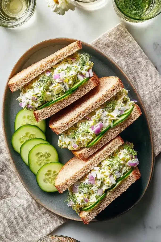 Cucumber Salad Sandwiches Easy Fresh Breakfast Recipe 2 Cucumber salad sandwiches with creamy filling and fresh herbs on plate