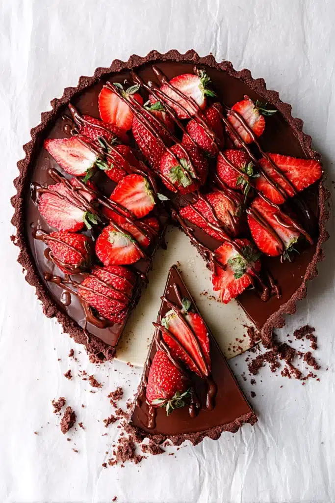 Dark Chocolate Strawberry Tart 2 Dark chocolate strawberry tart with fresh strawberries and chocolate drizzle overhead view