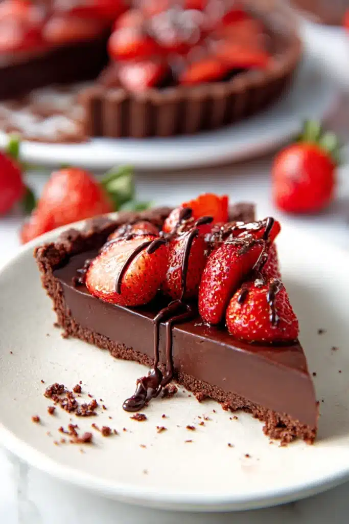 Dark Chocolate Strawberry Tart 1 Dark chocolate strawberry tart slice with fresh strawberries and chocolate drizzle on a plate