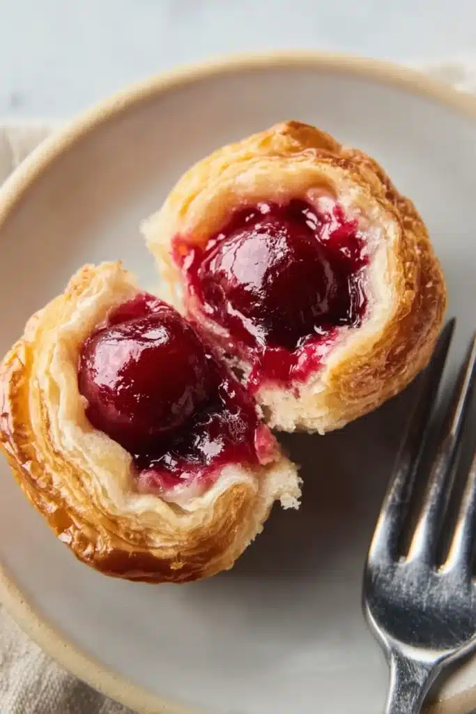 Close-up of flaky cherry pie bites with glossy red filling on ceramic plate
