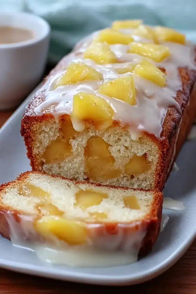 Delicious Easter Pineapple Heaven Cake 1 Moist pineapple loaf cake with vanilla glaze and fresh pineapple chunks on ceramic plate
